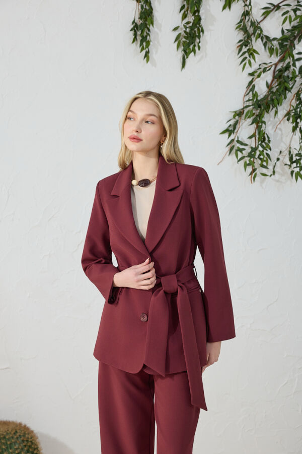 Bordo Kuşaklı Klasik Ceket - 2