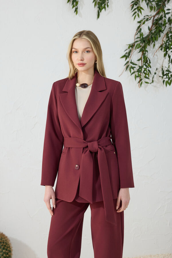 Bordo Kuşaklı Klasik Ceket - 3