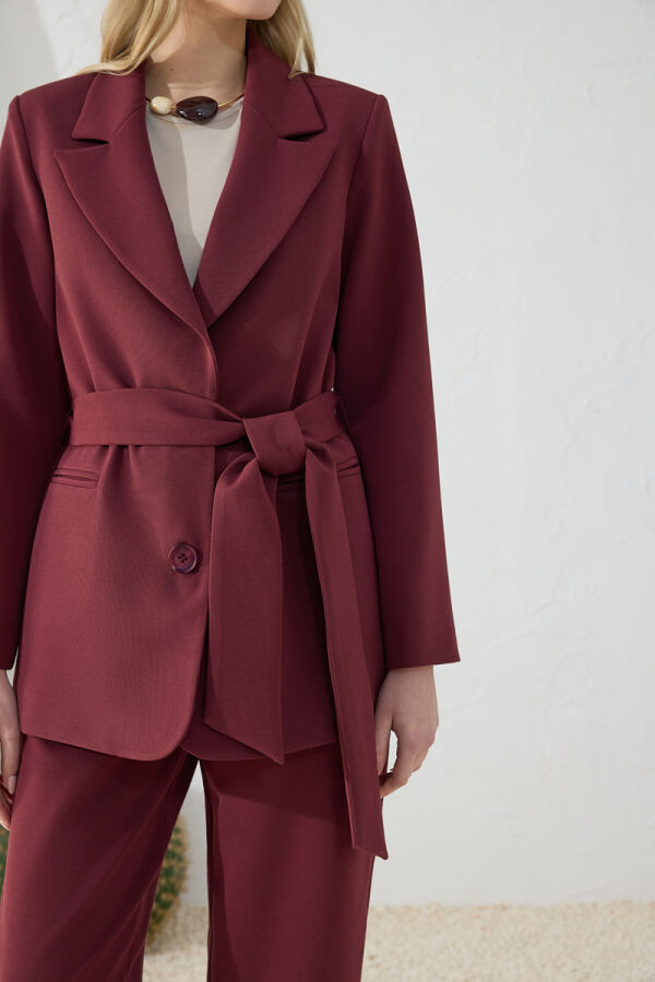 Bordo Kuşaklı Klasik Ceket - 6