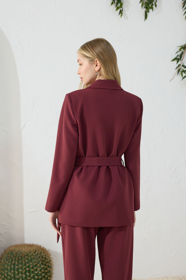 Bordo Kuşaklı Klasik Ceket - 7
