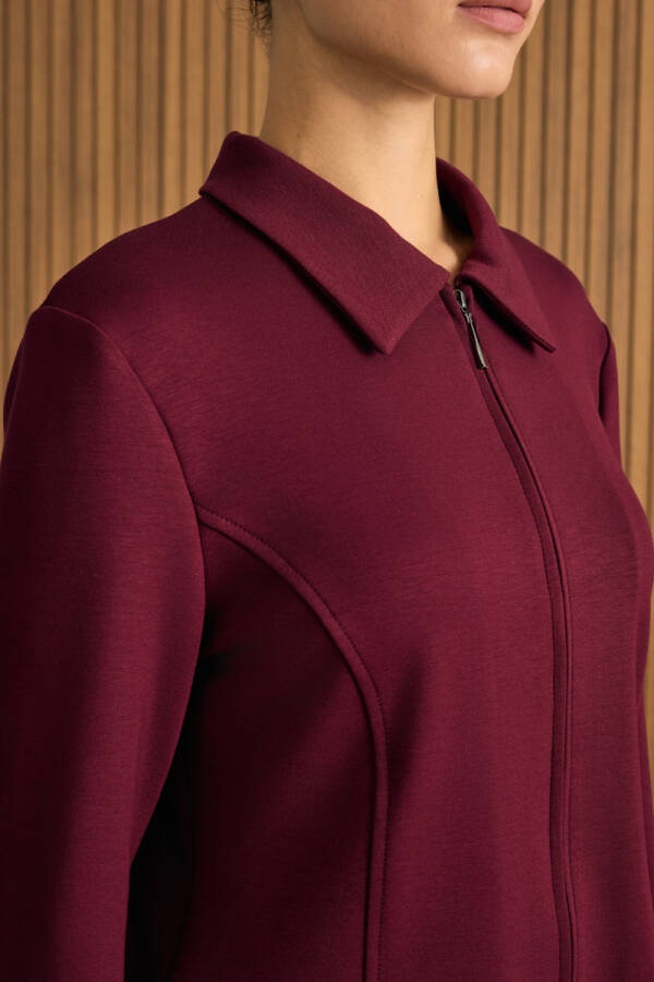 Bordo Önden Fermuarlı Kısa Örme Ceket - 6