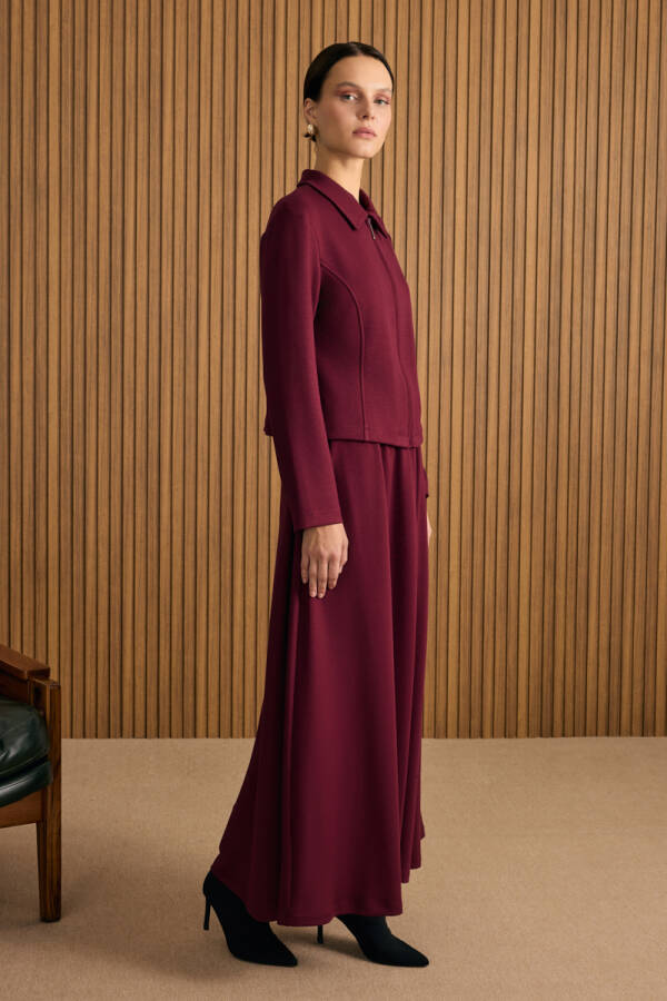 Bordo Önden Fermuarlı Kısa Örme Ceket - 3