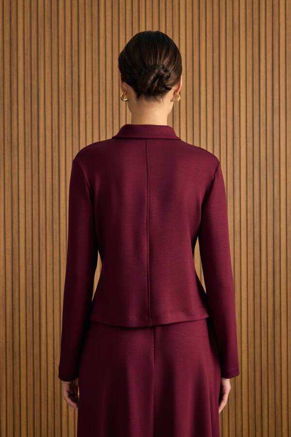 Bordo Önden Fermuarlı Kısa Örme Ceket - 7