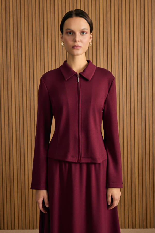 Bordo Önden Fermuarlı Kısa Örme Ceket - Aker (1)