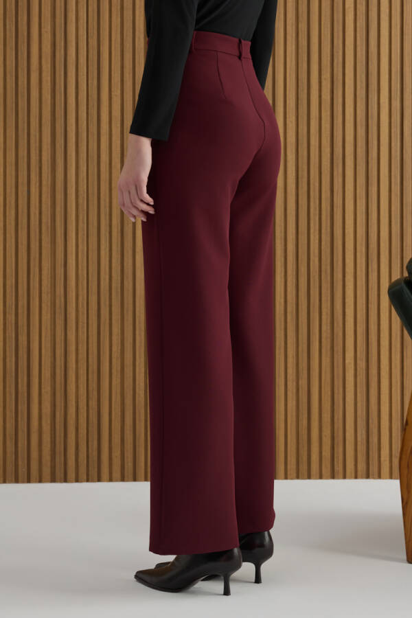 Bordo Paçası Yırtmaçlı Dokuma Pantolon - 7