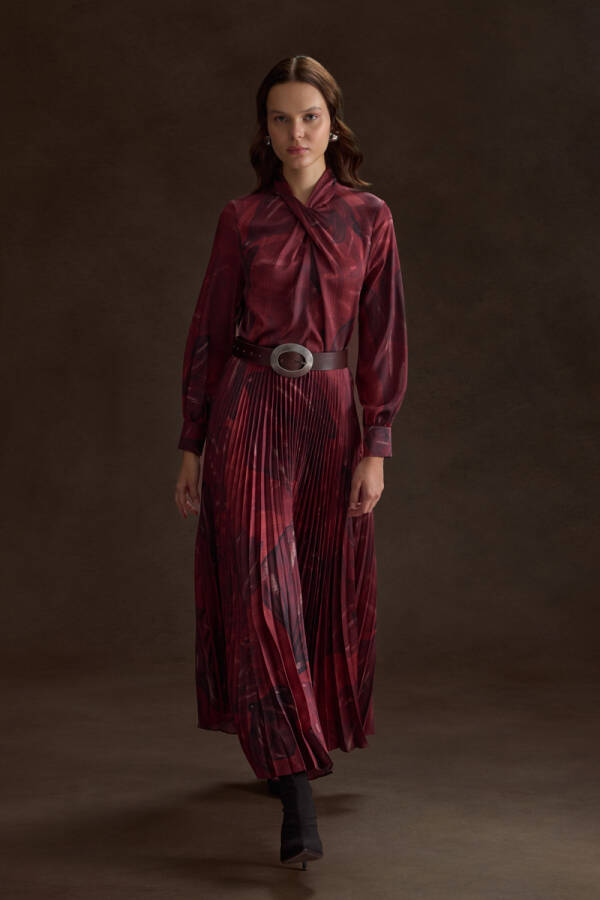 Bordo Piliseli Desenli Etek - Aker