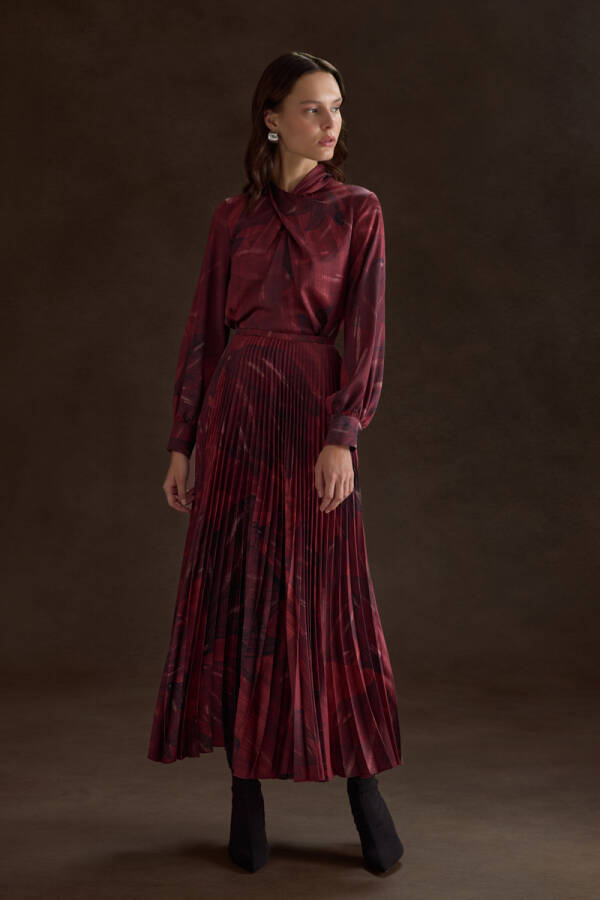 Bordo Piliseli Desenli Etek - Aker (1)