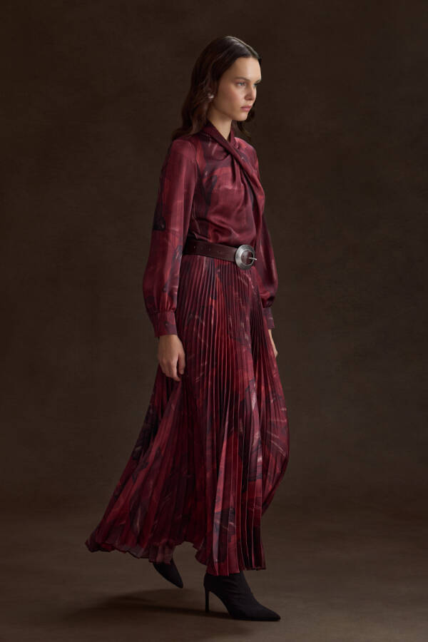 Bordo Piliseli Desenli Etek - 4