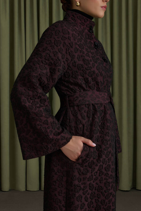 Bordo Şal Yaka Kapitone Mont - 4