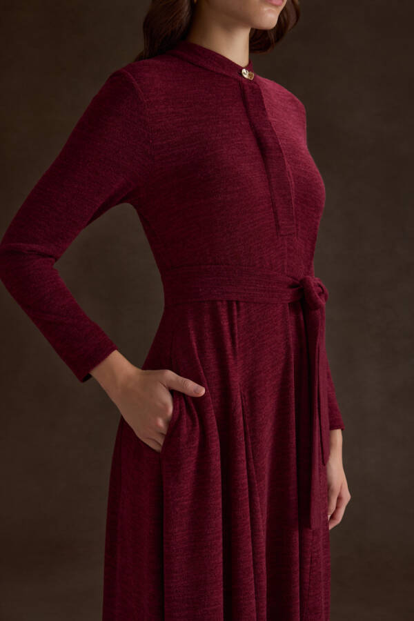 Bordo Seyyar Kuşaklı ,Kloş Örme Elbise - 4