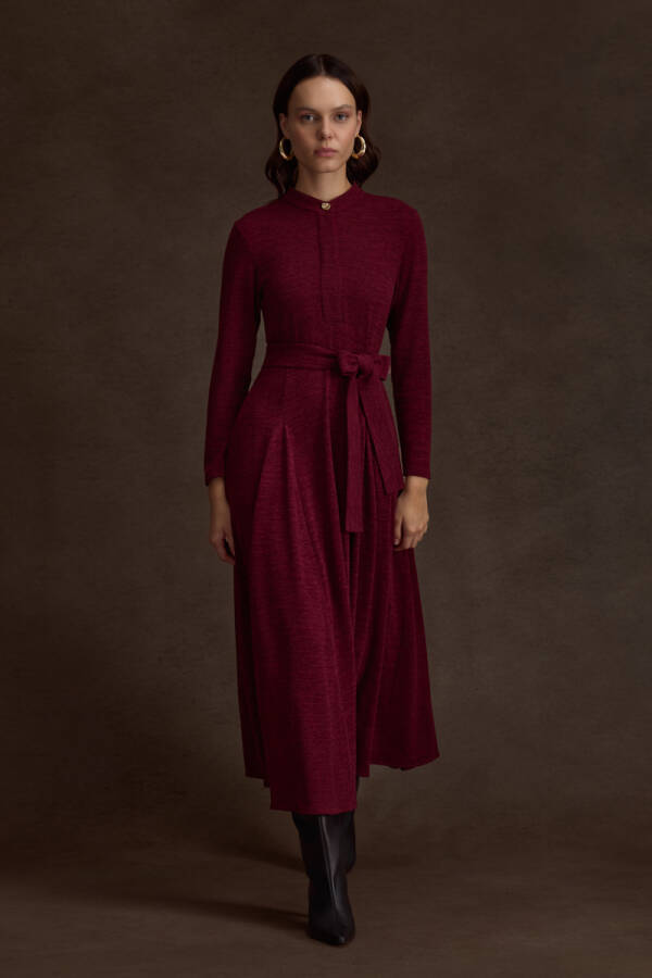 Bordo Seyyar Kuşaklı ,Kloş Örme Elbise - Aker