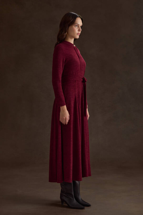 Bordo Seyyar Kuşaklı ,Kloş Örme Elbise - 3