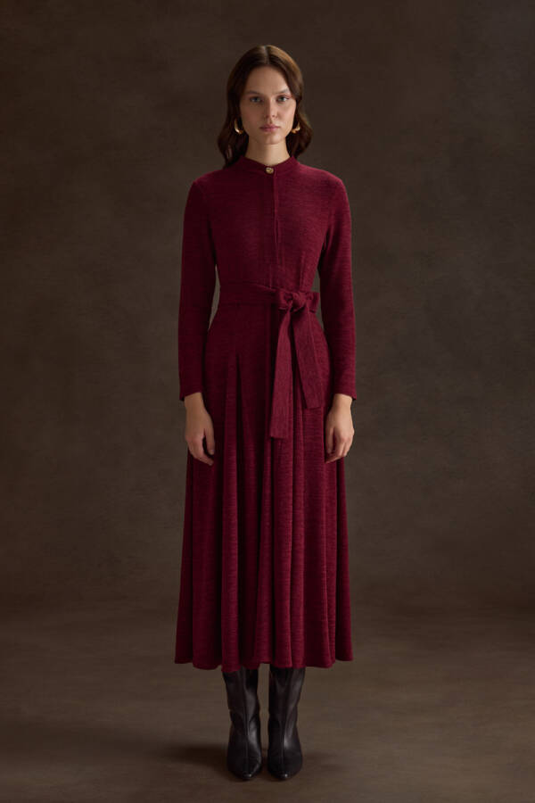 Bordo Seyyar Kuşaklı ,Kloş Örme Elbise - 2