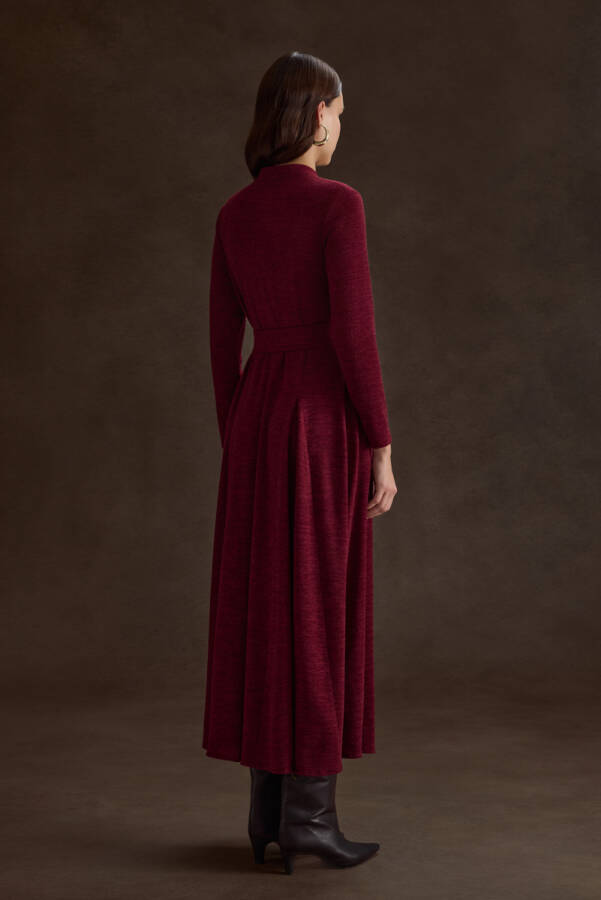 Bordo Seyyar Kuşaklı ,Kloş Örme Elbise - 6