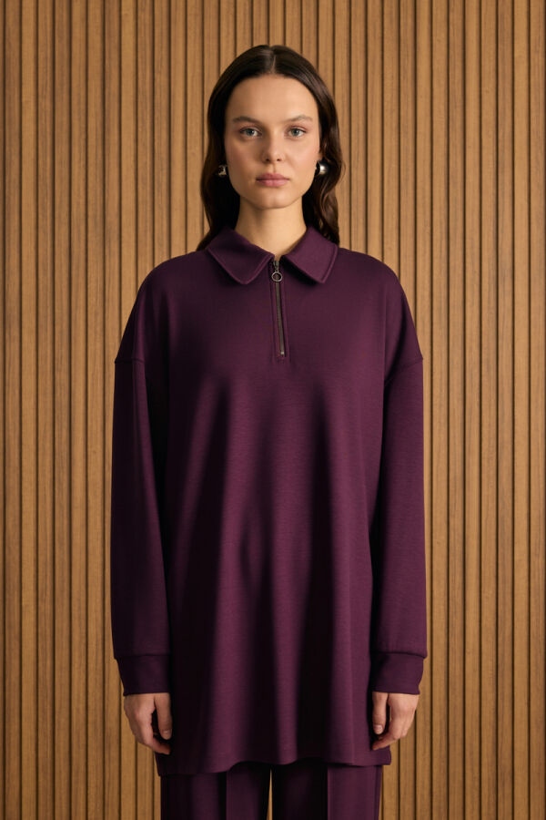 Bordo Yakası Fermuarlı Sweatshirt - Aker