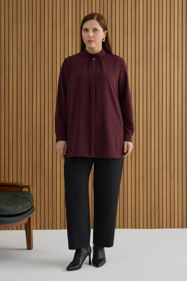 Bordo Yakası Pili ve Boncuk Detaylı Bluz - 3