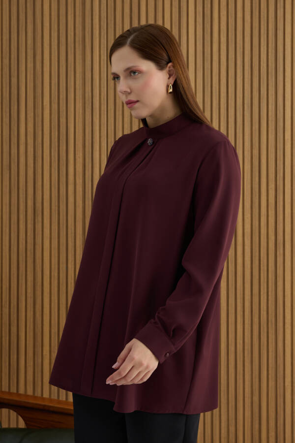 Bordo Yakası Pili ve Boncuk Detaylı Bluz - 1