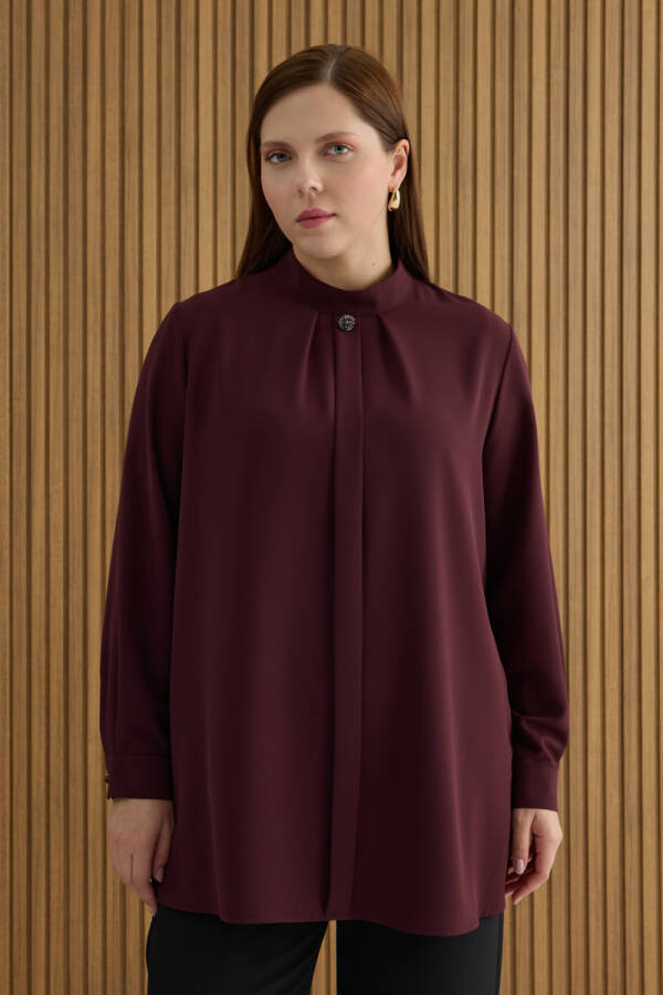 Bordo Yakası Pili ve Boncuk Detaylı Bluz - 2