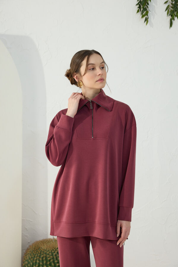 Bordo Yakası ve Yan Yırtmaçları Fermuarlı Modal Sweatshirt - 2