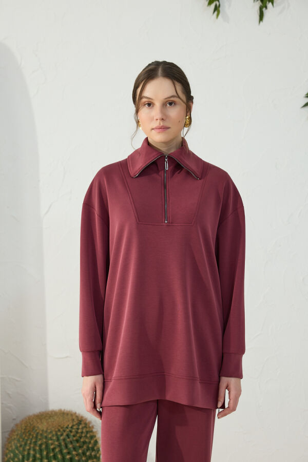 Bordo Yakası ve Yan Yırtmaçları Fermuarlı Modal Sweatshirt - 3