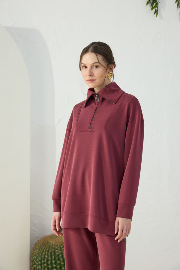 Bordo Yakası ve Yan Yırtmaçları Fermuarlı Modal Sweatshirt - 4