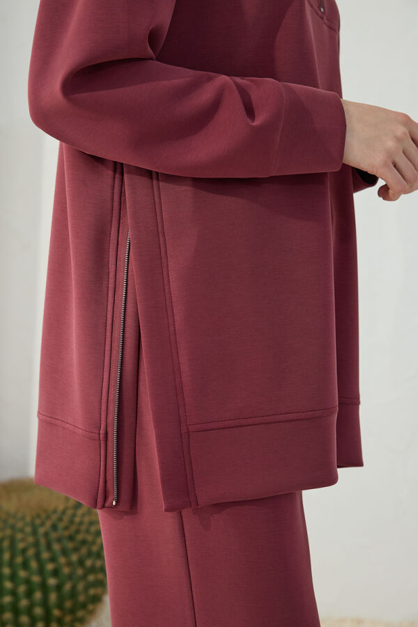 Bordo Yakası ve Yan Yırtmaçları Fermuarlı Modal Sweatshirt - 5