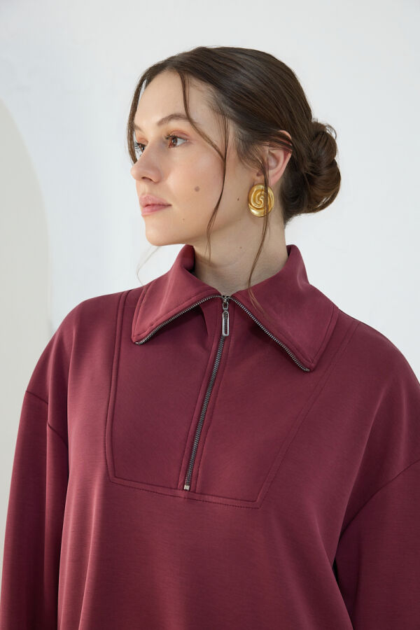 Bordo Yakası ve Yan Yırtmaçları Fermuarlı Modal Sweatshirt - 6