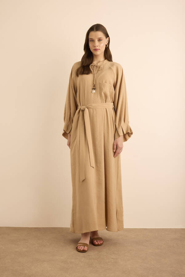 Camel Kolları Pile Detaylı Elbise - 3