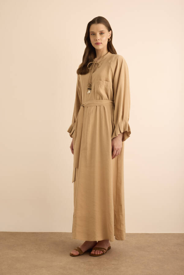 Camel Kolları Pile Detaylı Elbise - 6