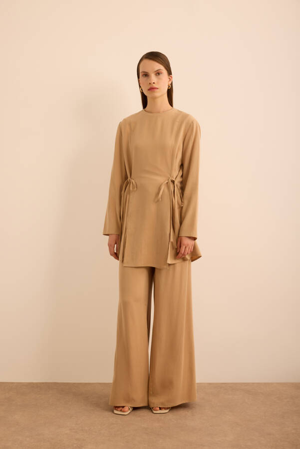 Camel Bağlama Detaylı Beli Lastikli Tencel Tweenset - Aker