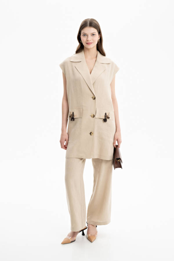 Camel Cepleri İşleme Detaylı Yelek - Aker