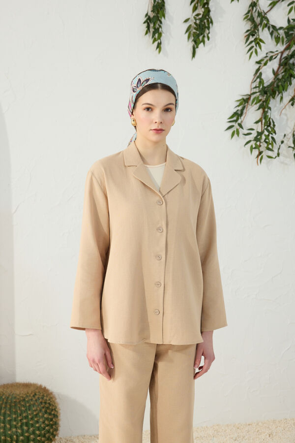 Camel Düşük Omuz Ceket Yaka Pijama Üstü - 3