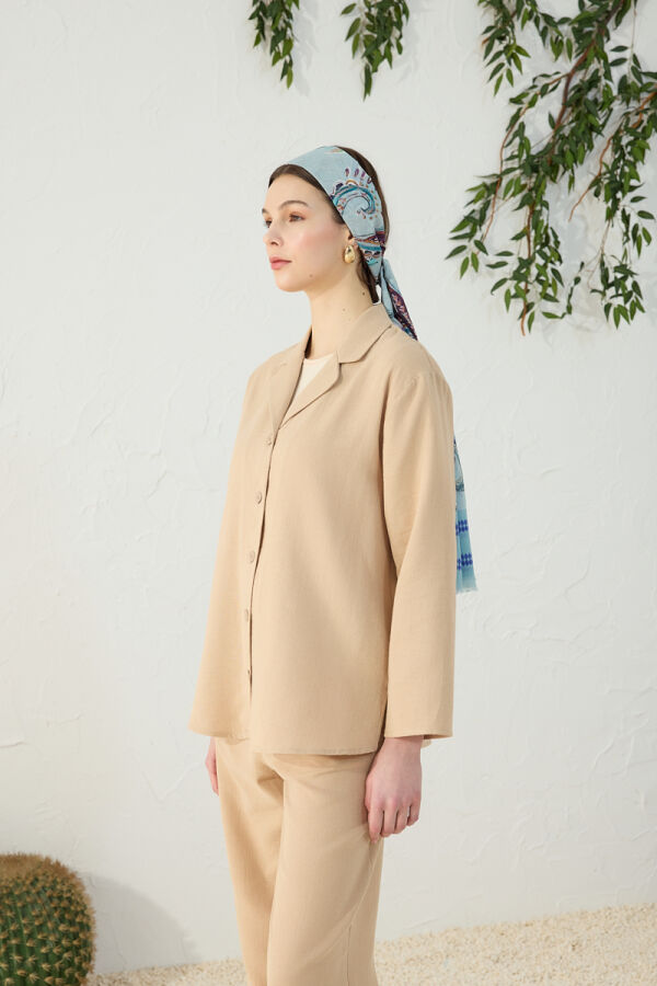 Camel Düşük Omuz Ceket Yaka Pijama Üstü - 4