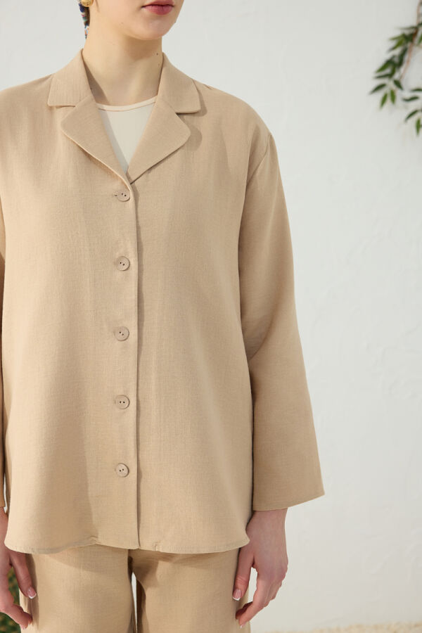 Camel Düşük Omuz Ceket Yaka Pijama Üstü - 5