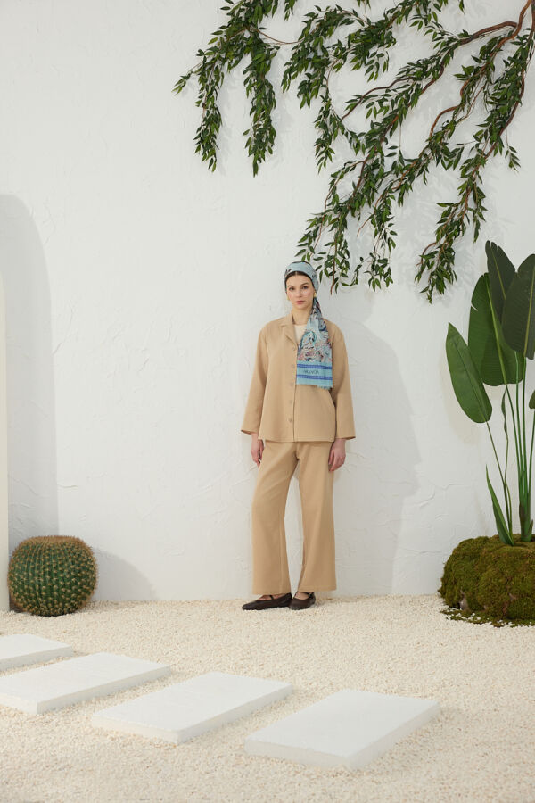 Camel Düşük Omuz Ceket Yaka Pijama Üstü - Aker