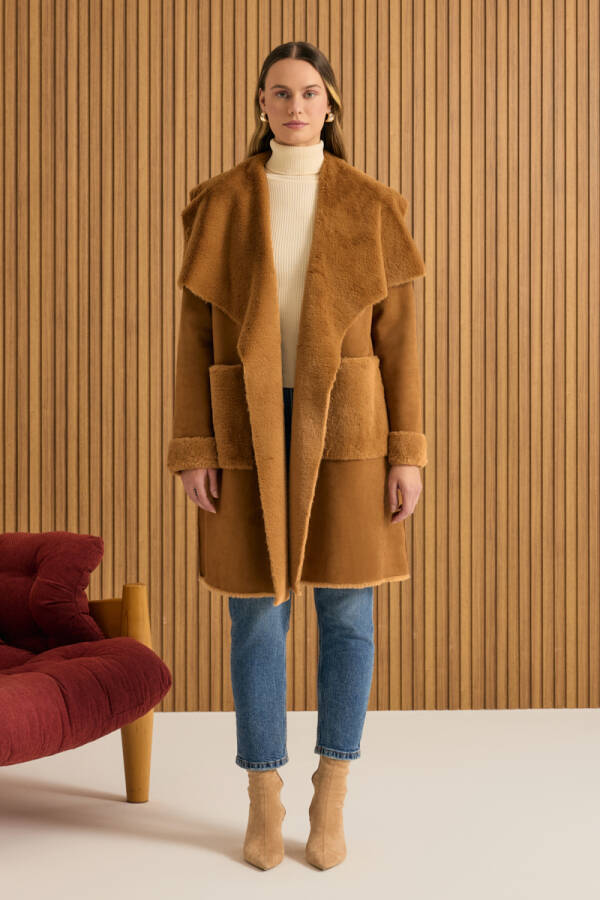 Camel İçi Kapitone Kürk Mont - 3