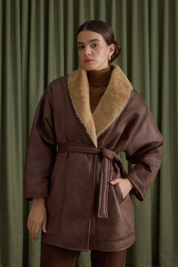 Camel İçi Kürk, Suni Deri Şal Yaka Kaban - Aker