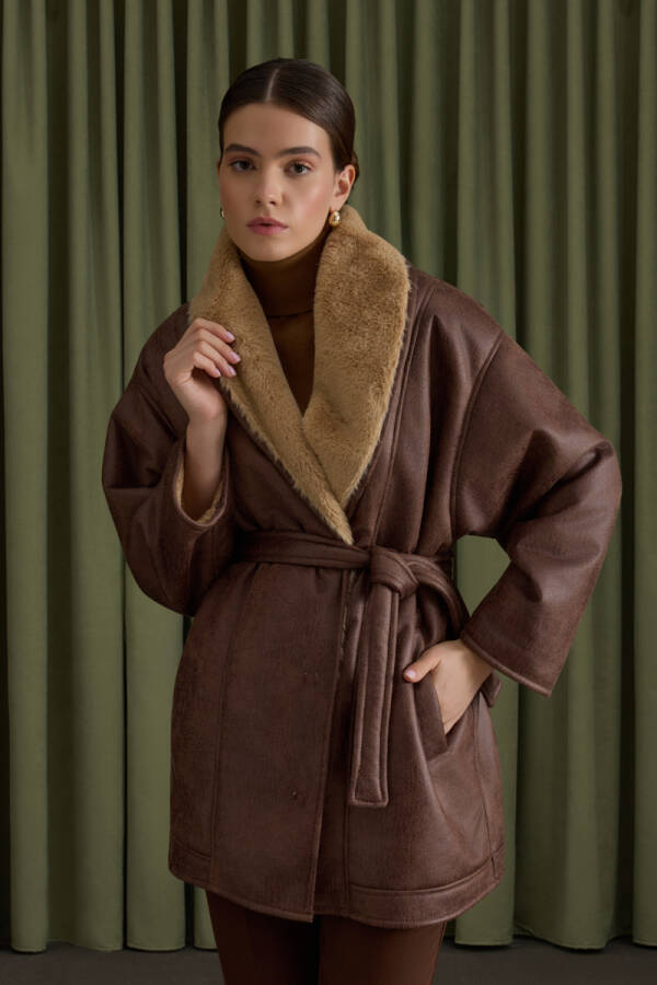 Camel İçi Kürk, Suni Deri Şal Yaka Kaban - Aker (1)