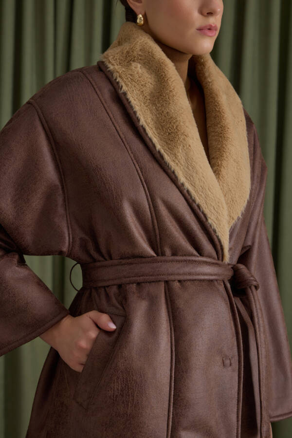 Camel İçi Kürk, Suni Deri Şal Yaka Kaban - 4