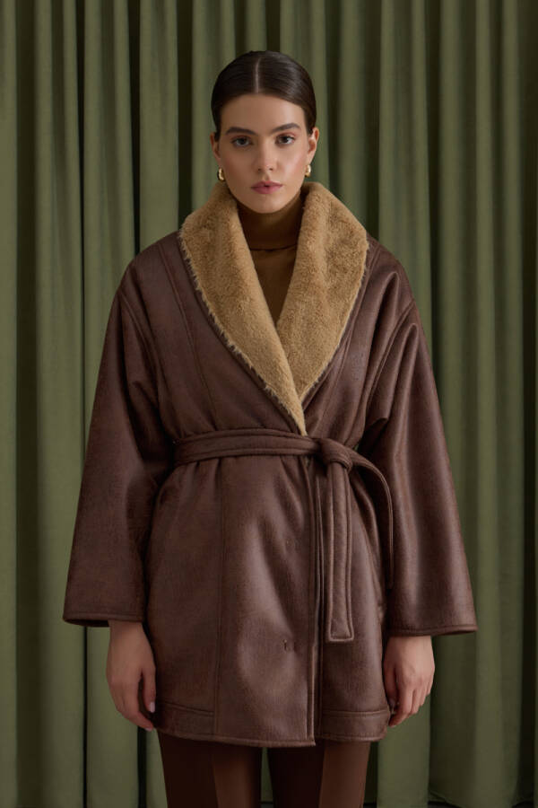 Camel İçi Kürk, Suni Deri Şal Yaka Kaban - 3