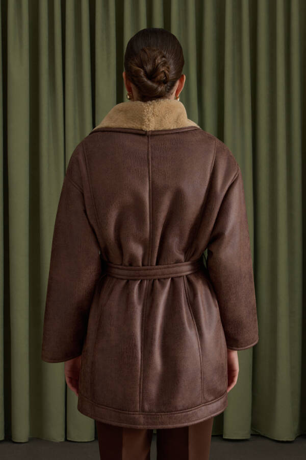 Camel İçi Kürk, Suni Deri Şal Yaka Kaban - 5