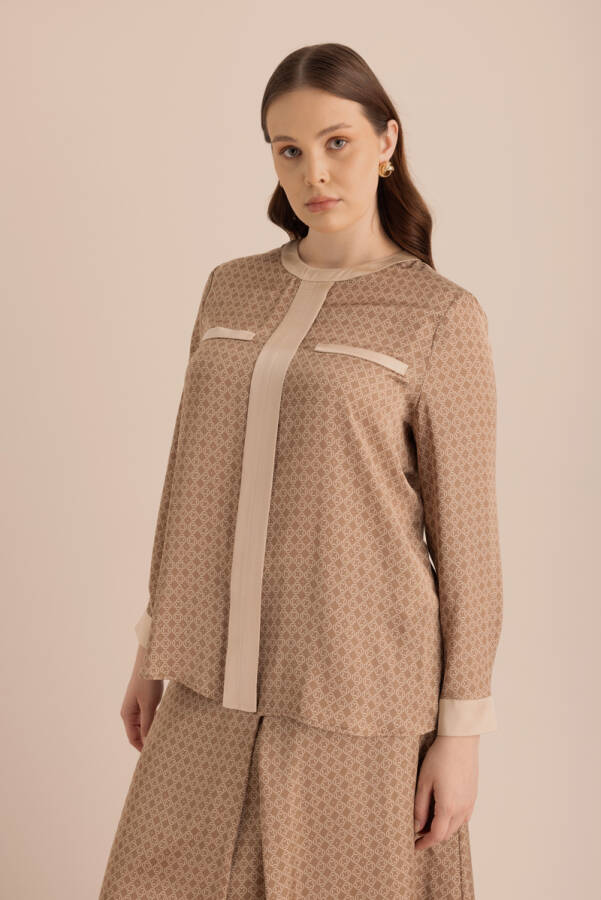 Camel Koza Desenli Yuvarlak Yaka Bluz - 6