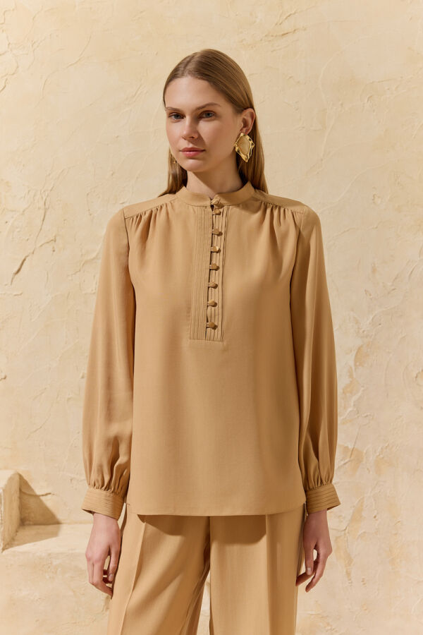 Camel Nervür Detaylı Bağcıklı Bluz - 4