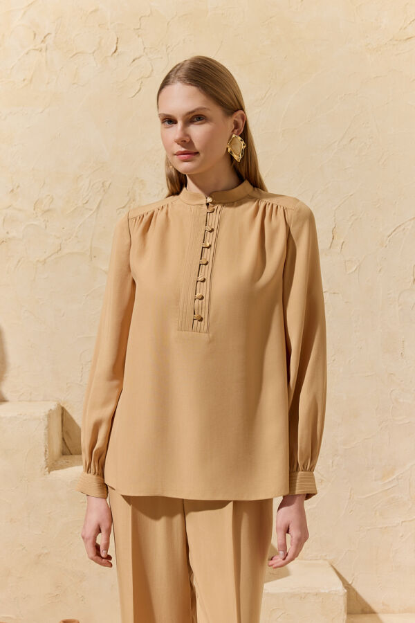 Camel Nervür Detaylı Bağcıklı Bluz - 5