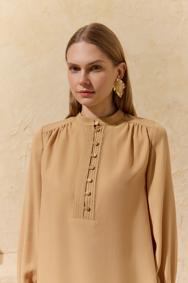 Camel Nervür Detaylı Bağcıklı Bluz - 6