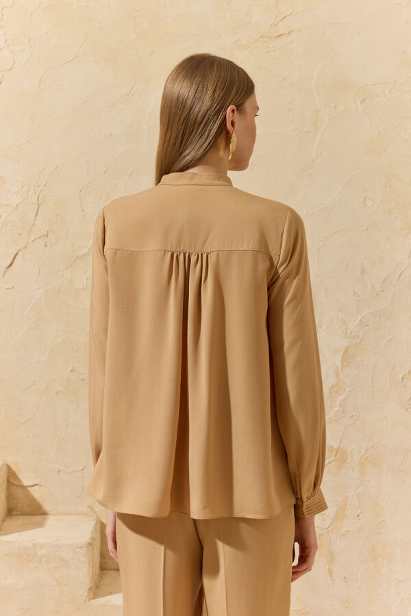 Camel Nervür Detaylı Bağcıklı Bluz - 7