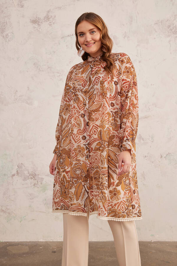 Camel Püskül Detaylı Desenli Tunik - 1