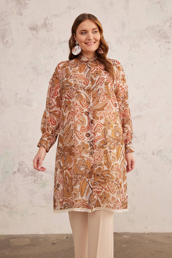Camel Püskül Detaylı Desenli Tunik - 3
