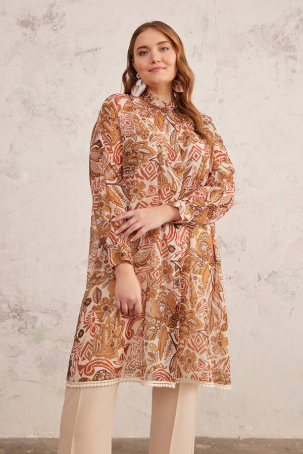 Camel Püskül Detaylı Desenli Tunik - 4
