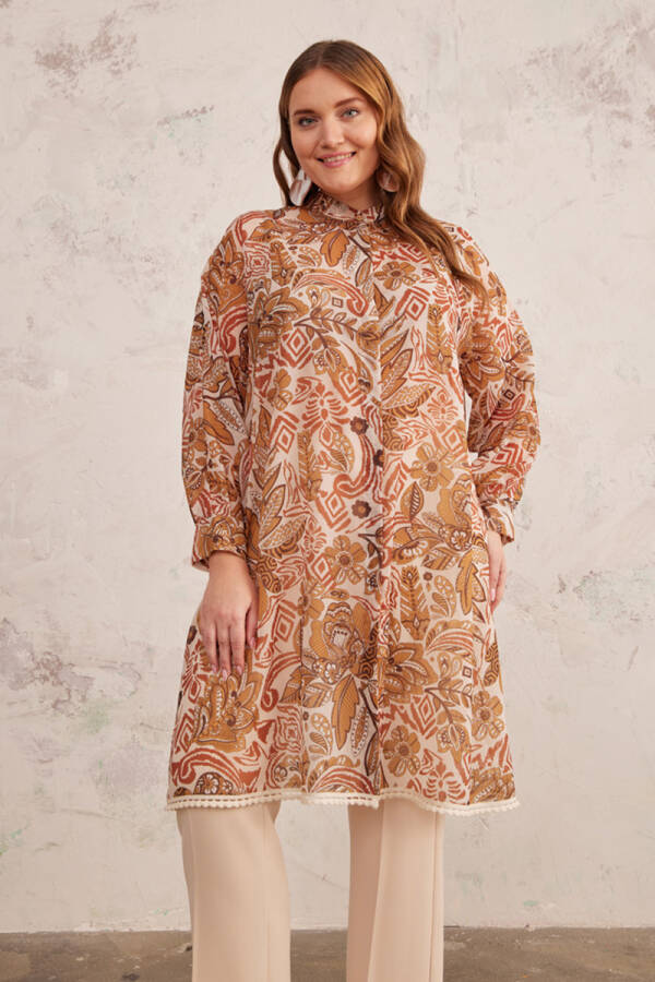 Camel Püskül Detaylı Desenli Tunik - 5